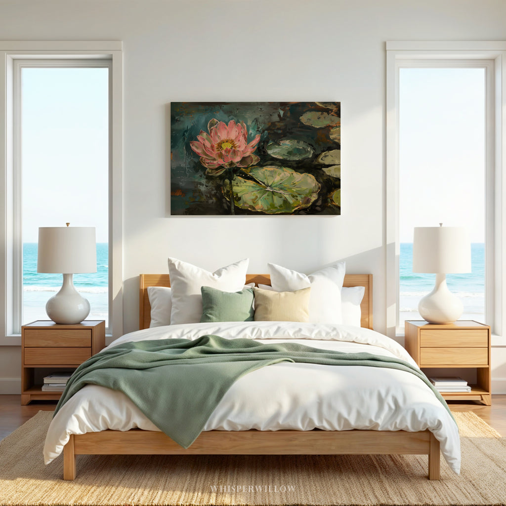 Leinwandbild mit rosa Lotusblume – Seerosenblätter, botanisch, modern-impressionistisch