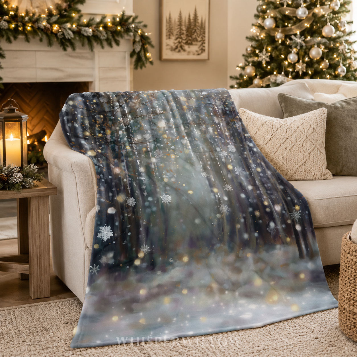 Winter Forest Snowflake Plush Throw Blanket | Glitter Look Woodland Holiday Cozy Shimmer Neutral Christmas Decor Gift