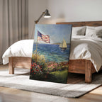 Leinwandbild mit Küstenmotiv | Segelboot mit amerikanischer Flagge | Patriotisches maritimes Deko-Geschenk