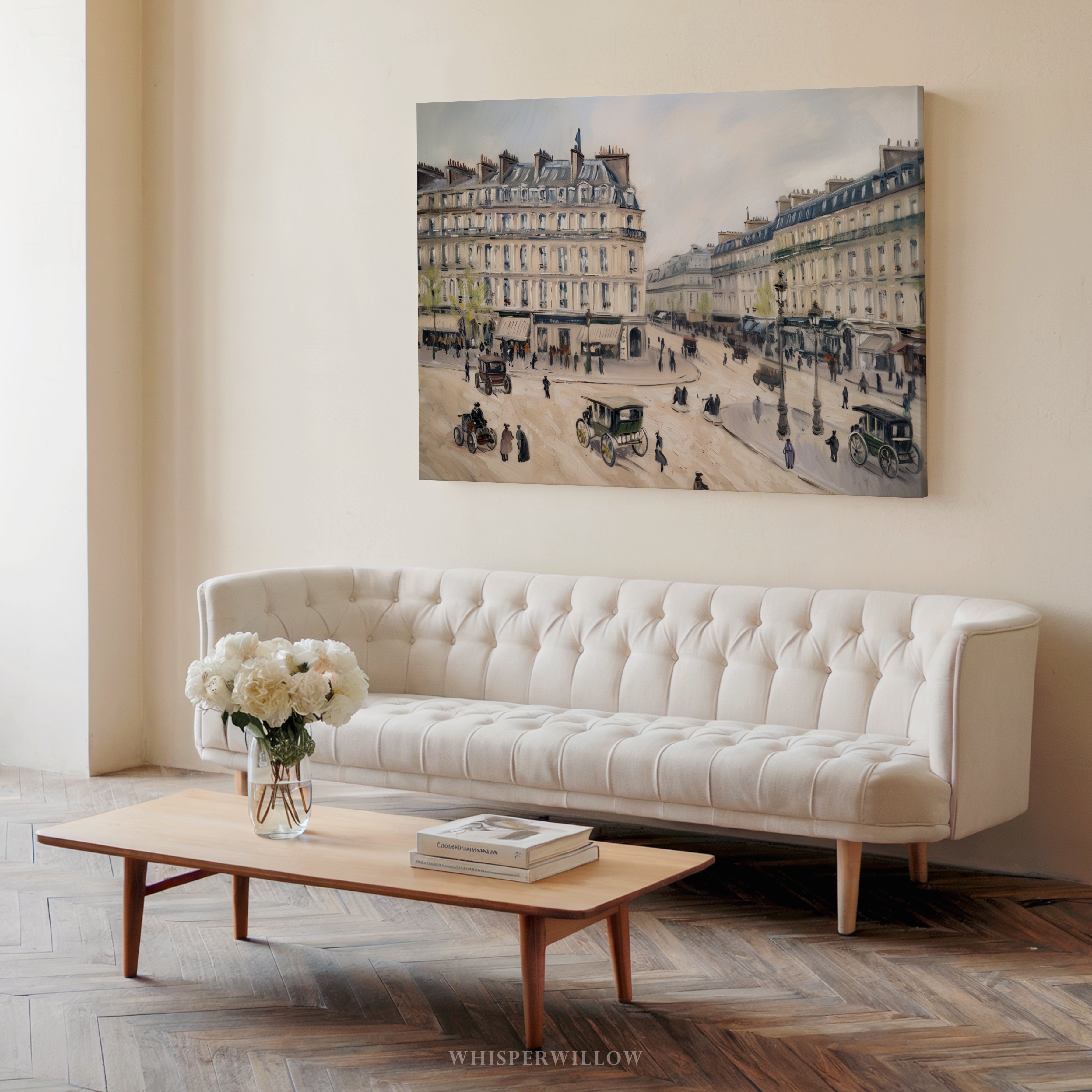 Vintage Paris City Scene Canvas Wall Art - Old European Carriages 1880s Street Shops