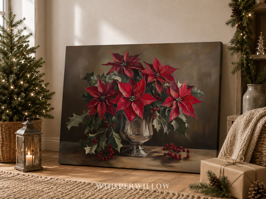 Weihnachtliches Leinwandbild | Roter Weihnachtsstern in silberner Vase | Botanische Winterdeko – Geschenkidee für Zuhause