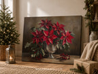 Weihnachtliches Leinwandbild | Roter Weihnachtsstern in silberner Vase | Botanische Winterdeko – Geschenkidee für Zuhause