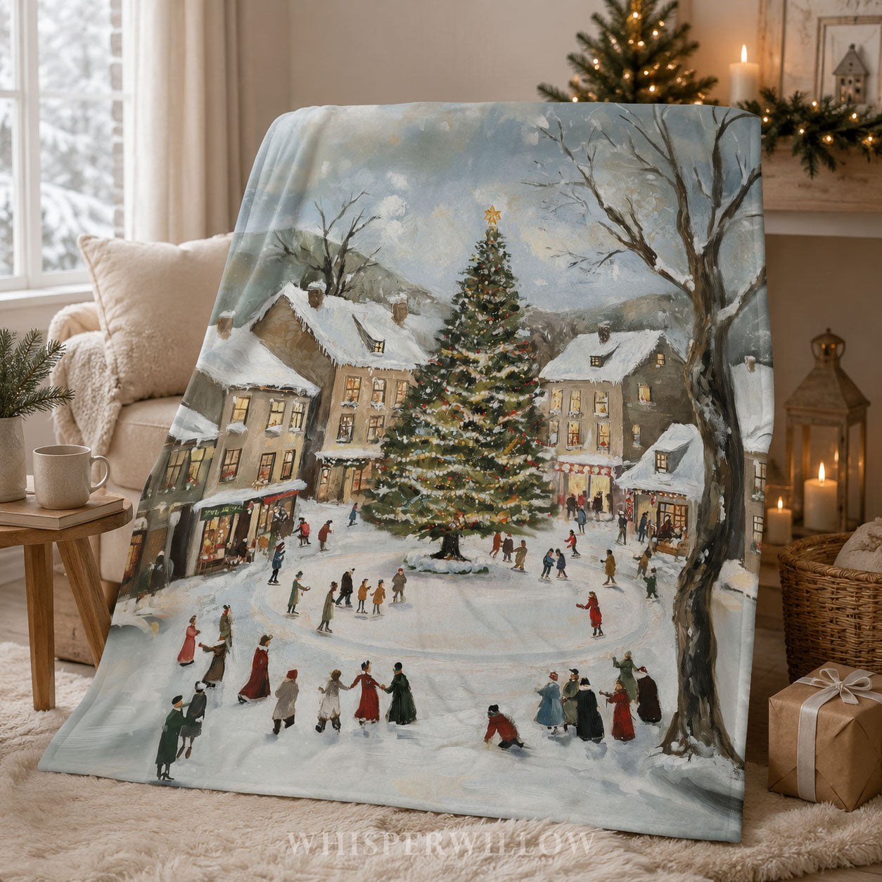 Snowy Village Christmas Throw Blanket - Winter Tree Ice Skating Gift