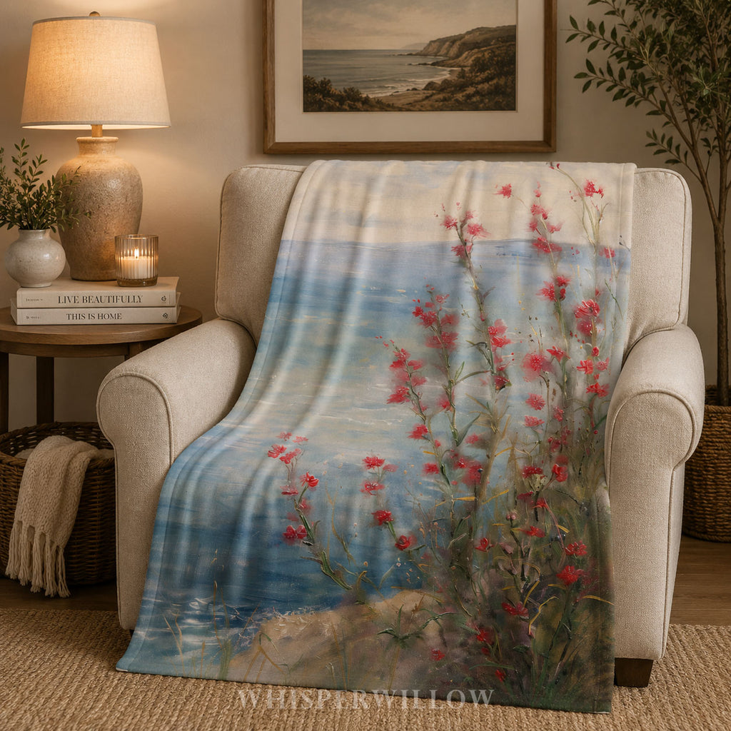 Coastal Wildflower Throw Blanket - Red Floral Seaside Ocean Gift by WhisperWillow Studios