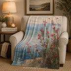 Coastal Wildflower Throw Blanket - Red Floral Seaside Ocean Gift by WhisperWillow Studios