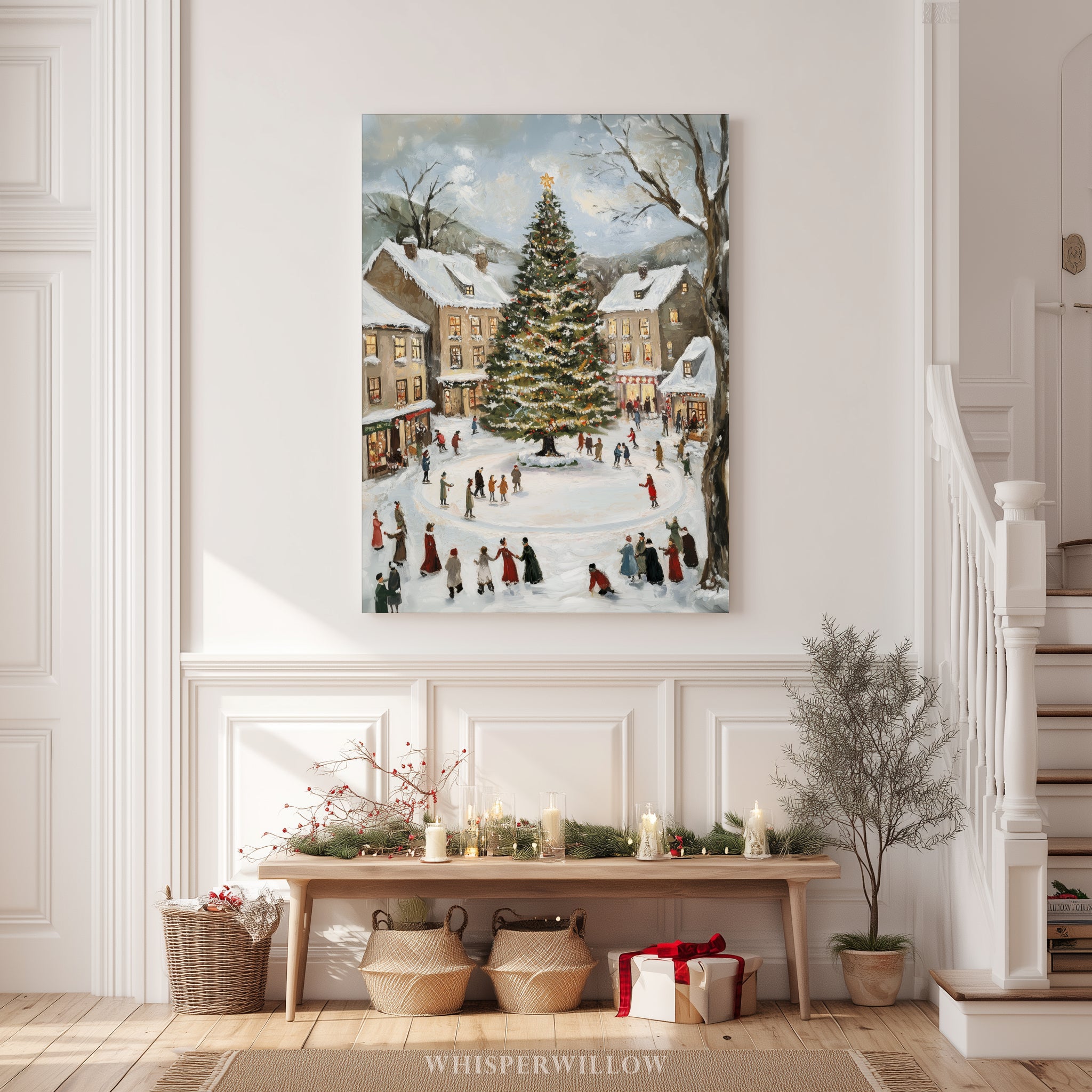 Weihnachtsdorf-Eislauf-Leinwandbild – Vintage-Weihnachtsdorfplatz, nostalgische Winterdekoration