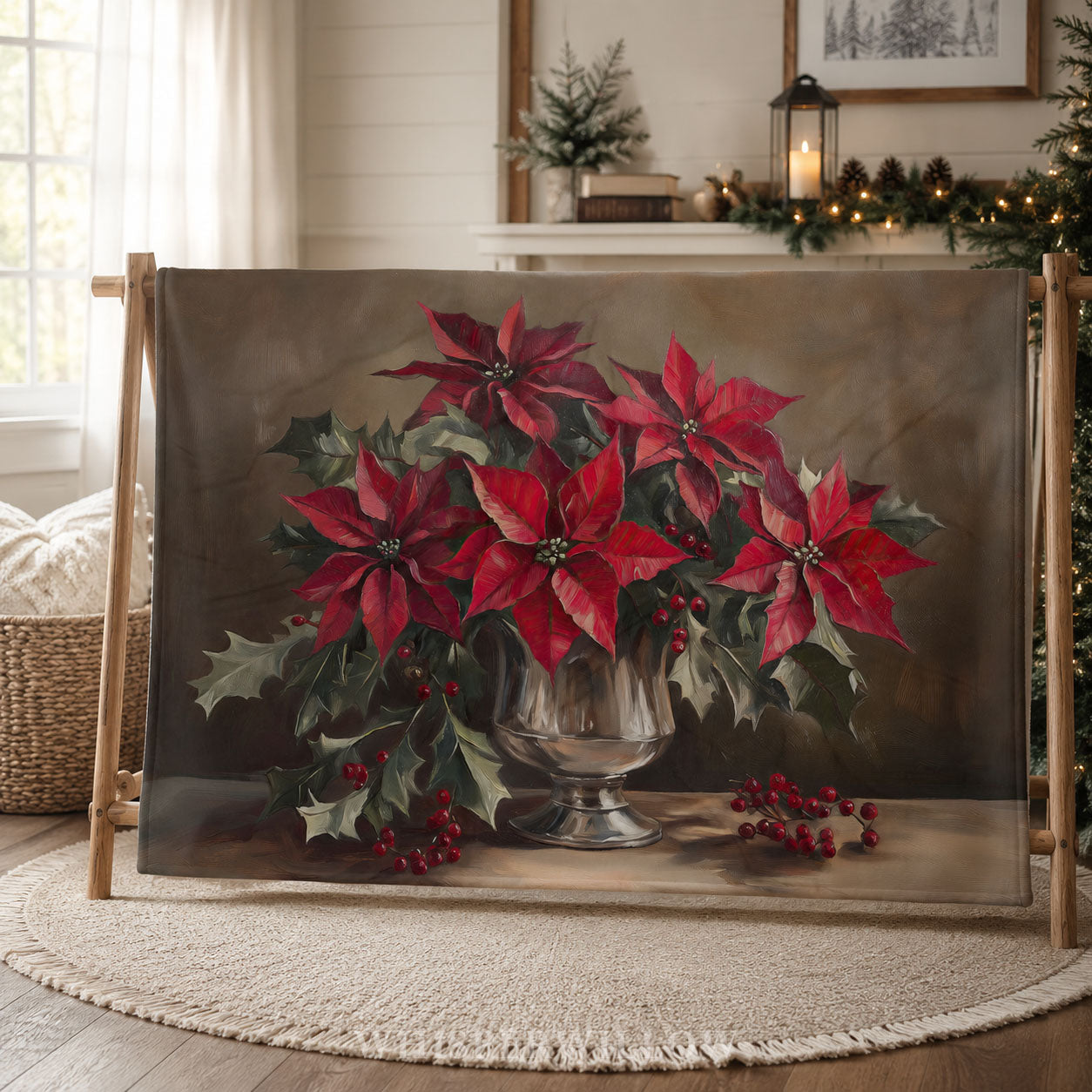 Christmas Poinsettia Plush Throw Blanket - Red Floral Holly Gift