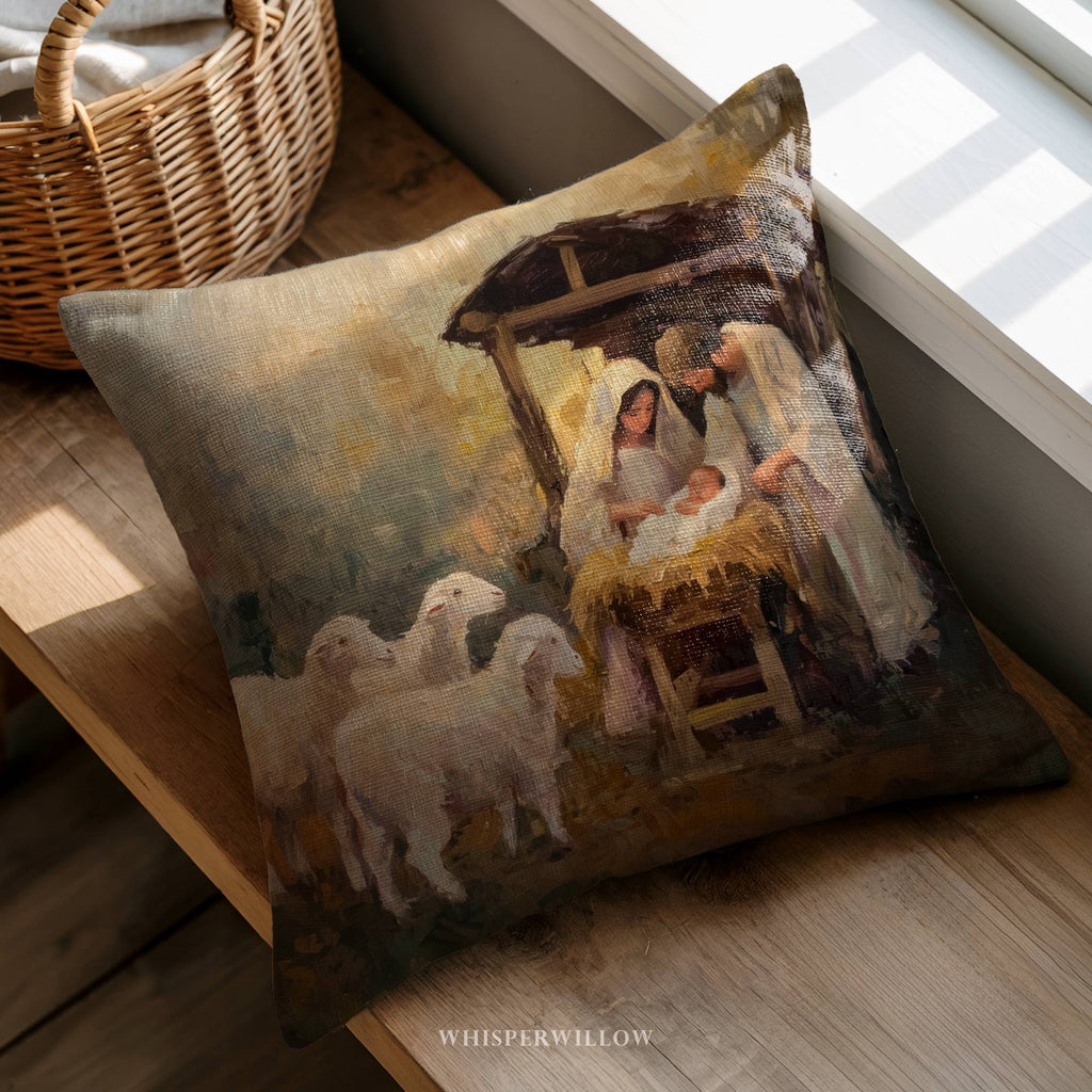 Nativity Scene Throw Pillow - Christmas Holy Family Manger Cushion Cover and Insert by WhisperWillow Studios Home Decor Gift