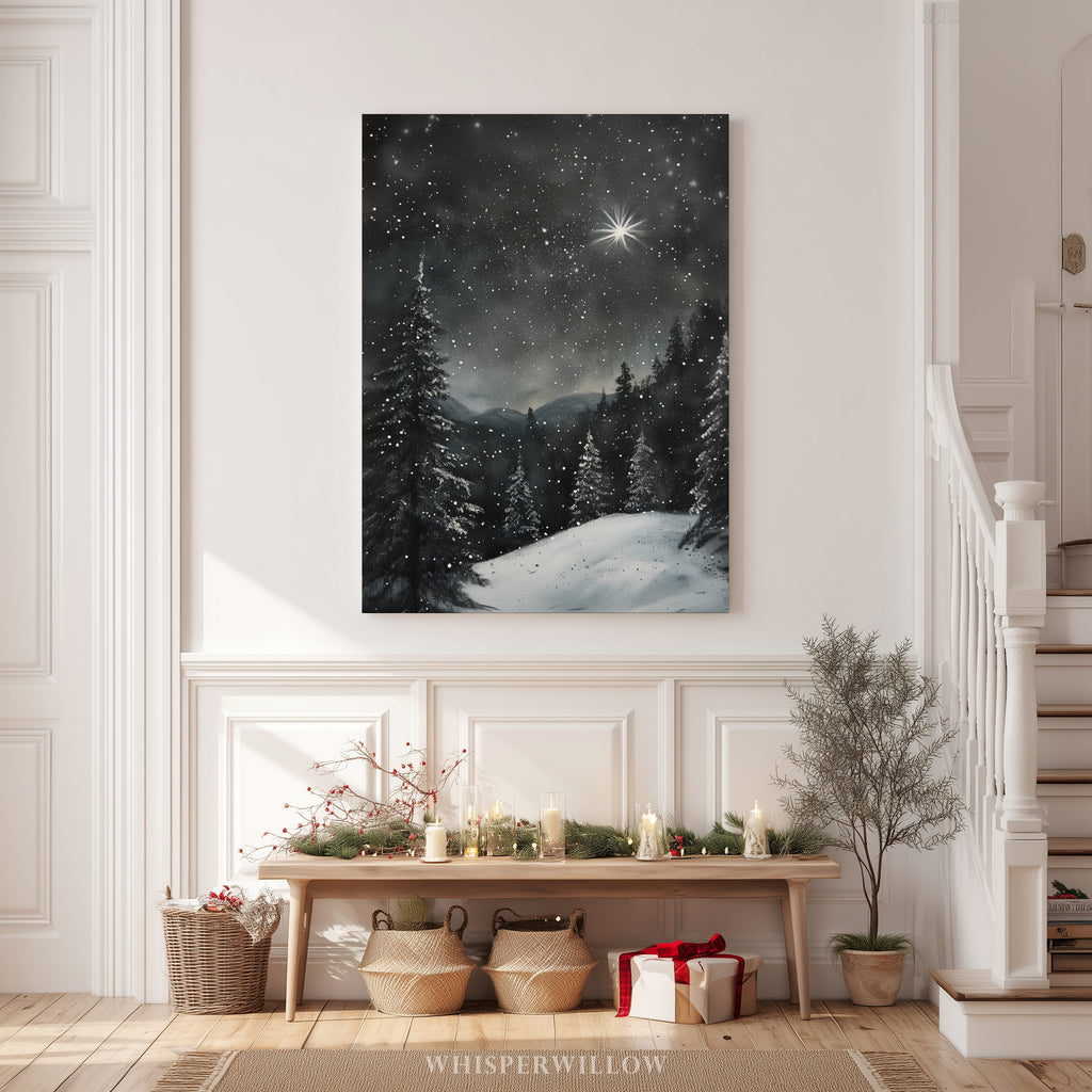 Winterliches Leinwandbild | Sternennacht, verschneiter Wald, Polarstern | Weihnachtsgeschenk