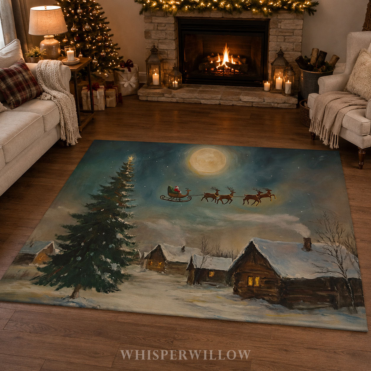 Christmas Santa Sleigh Throw Blanket - Reindeer Moonlit Village Gift