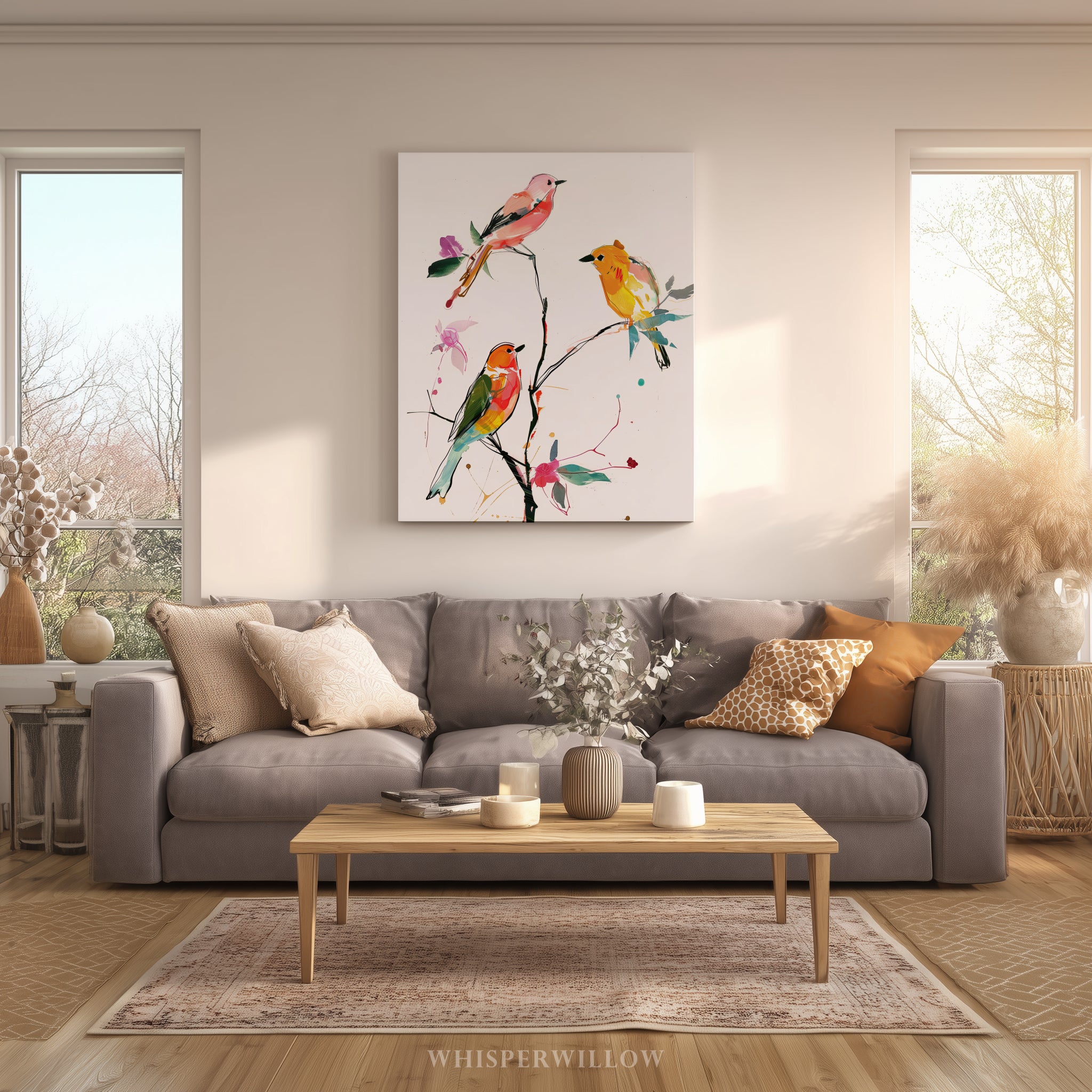 Farbenfrohe Singvogel-Leinwandbilder – Lebendige Aquarellvögel auf einem verspielten Ast