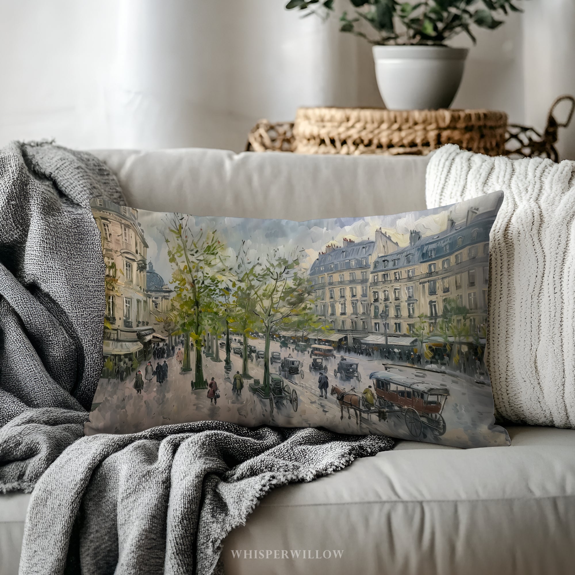 Dekokissen „Paris Boulevard“ – Regenszene mit Pferdekutsche