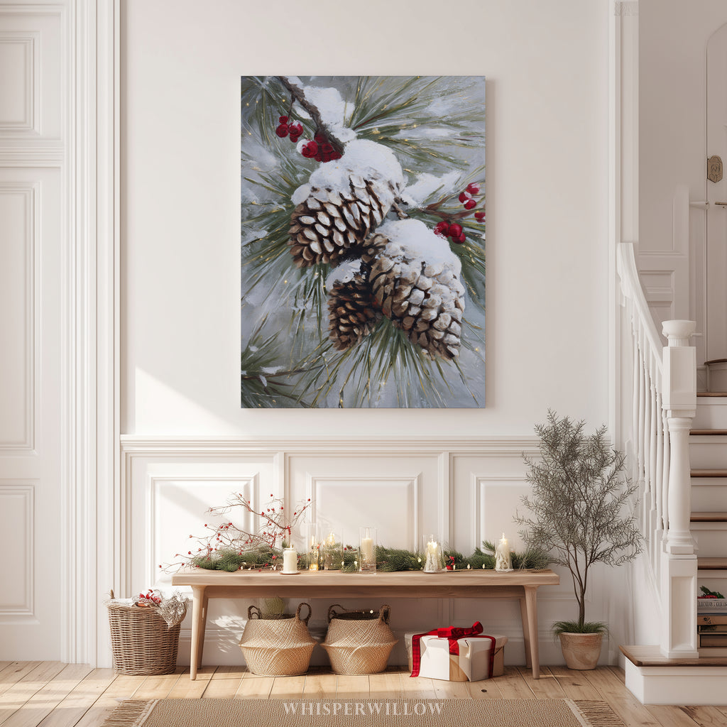 Leinwandbild mit verschneiten Kiefernzapfen – Winterliche rote Beeren, rustikale Weihnachtsdekoration im Waldstil
