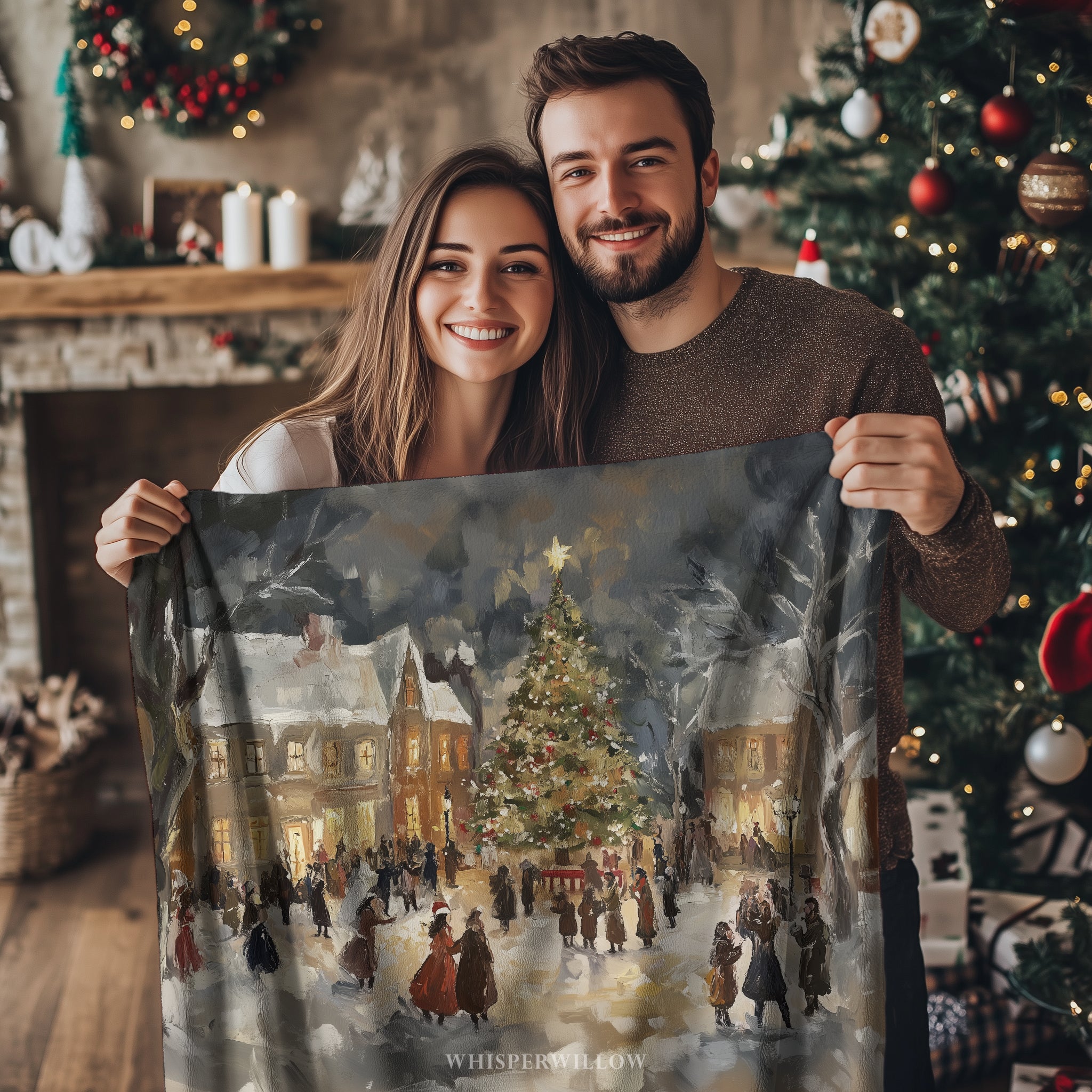 Vintage Christmas Eve Village Throw Blanket - Snowy Tree Town Square Gift