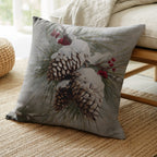 Winterliches Dekokissen mit verschneiten Tannenzapfen – Weihnachtskissen mit roten Beeren