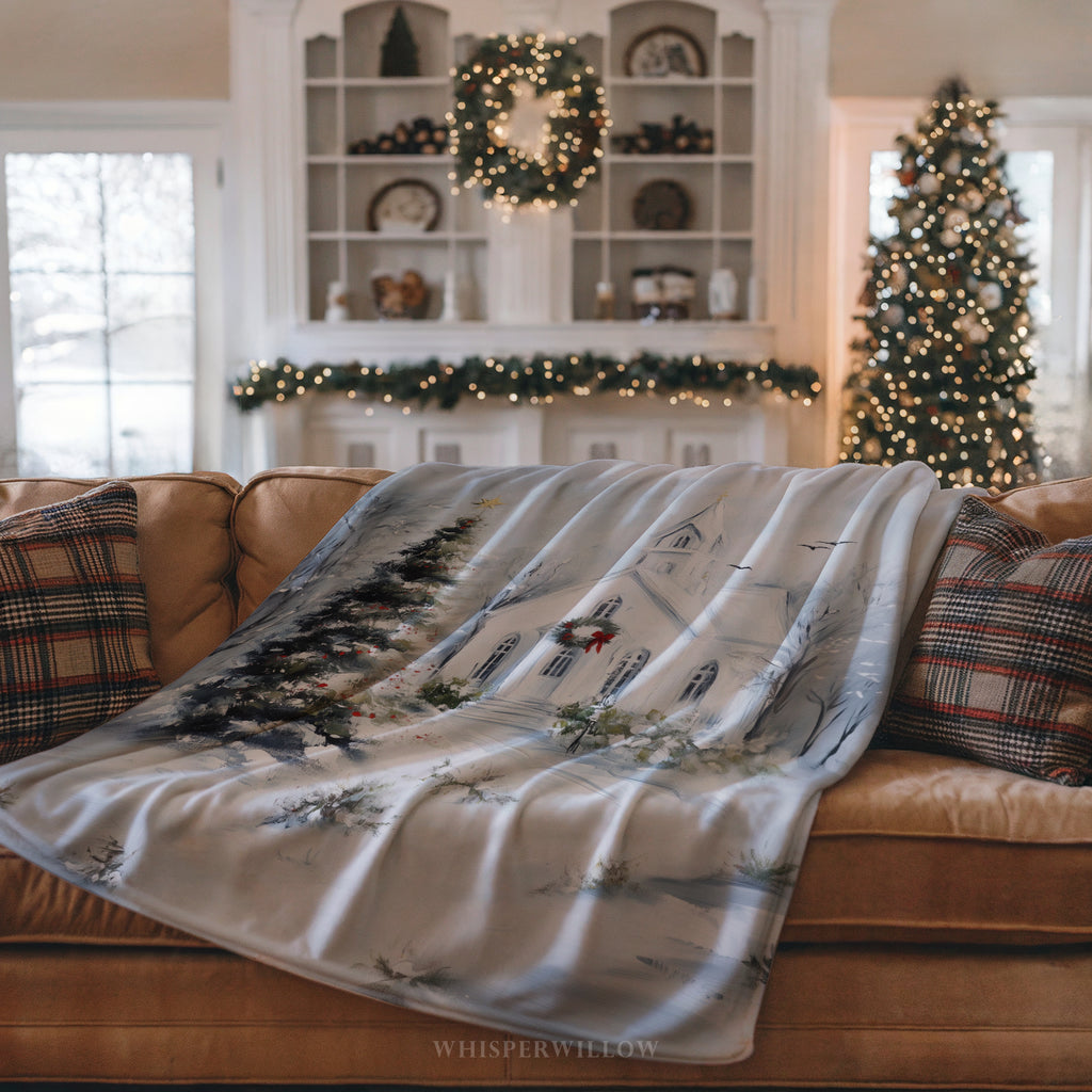 Christmas Church Throw Blanket - Snowy Winter Wonderland Gift
