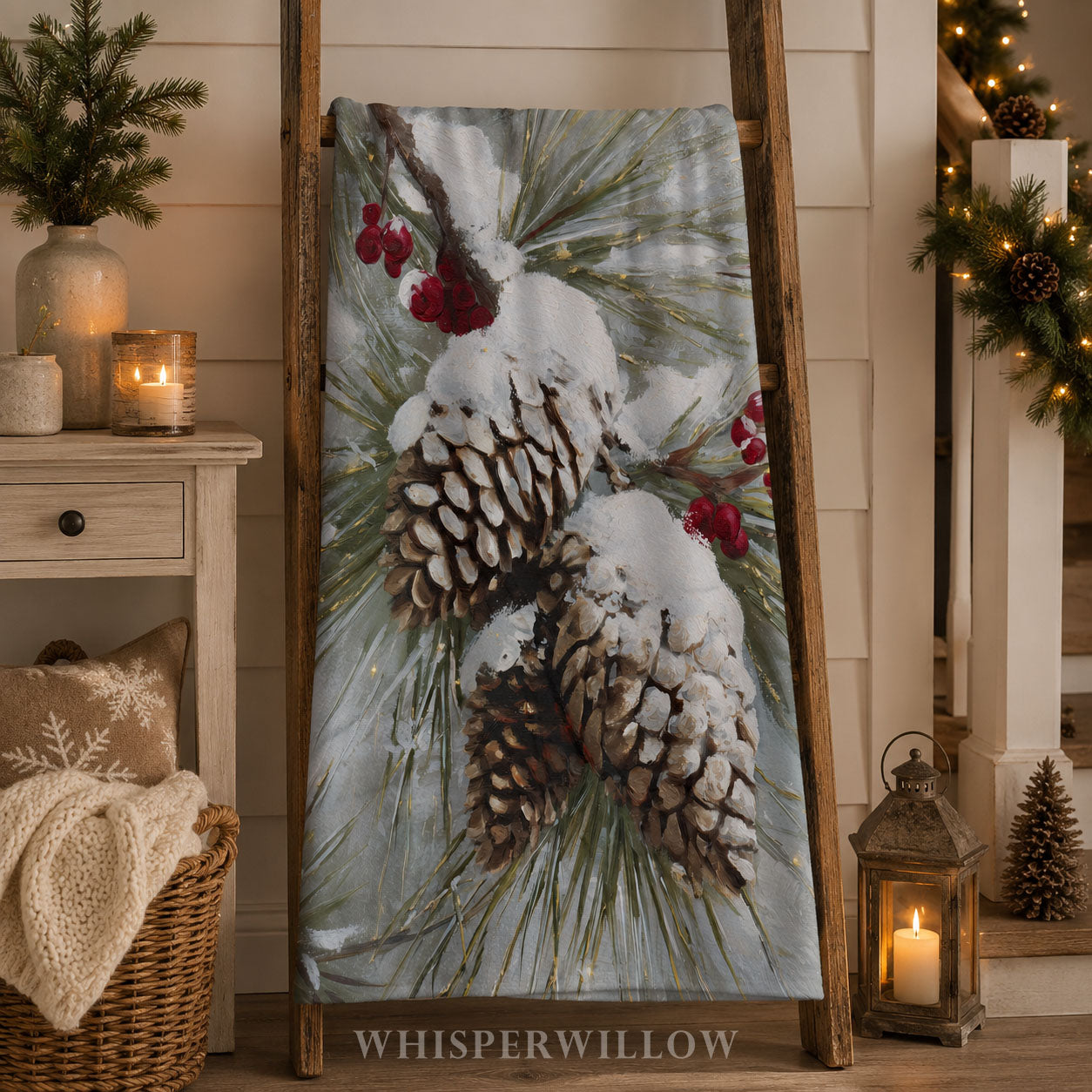 Snowy Pinecone Throw Blanket - Evergreen Red Berry Winter Gift