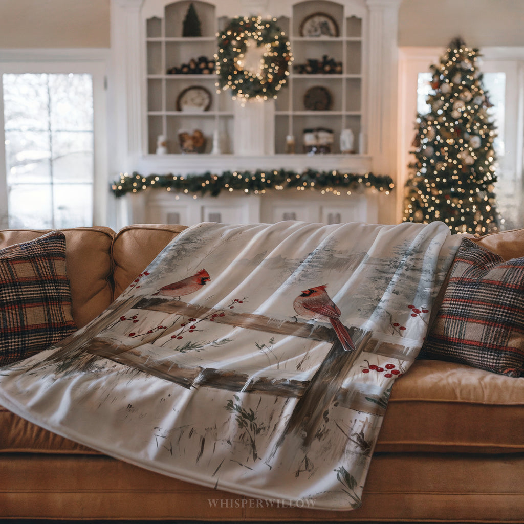 Winter Cardinal Birds Throw Blanket - Snowy Fence Rustic Gift