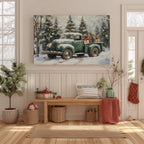 Vintage Green Christmas Truck Canvas Wall Art - Snowy Winter Trees, Rustic Farmhouse Holiday Decor