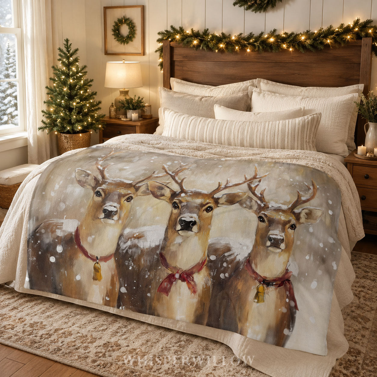 Snowy Reindeer Trio Plush Throw Blanket | Festive Woodland Christmas Lodge Cozy Holiday Decor Gift | Rustic Winter Animal Bells