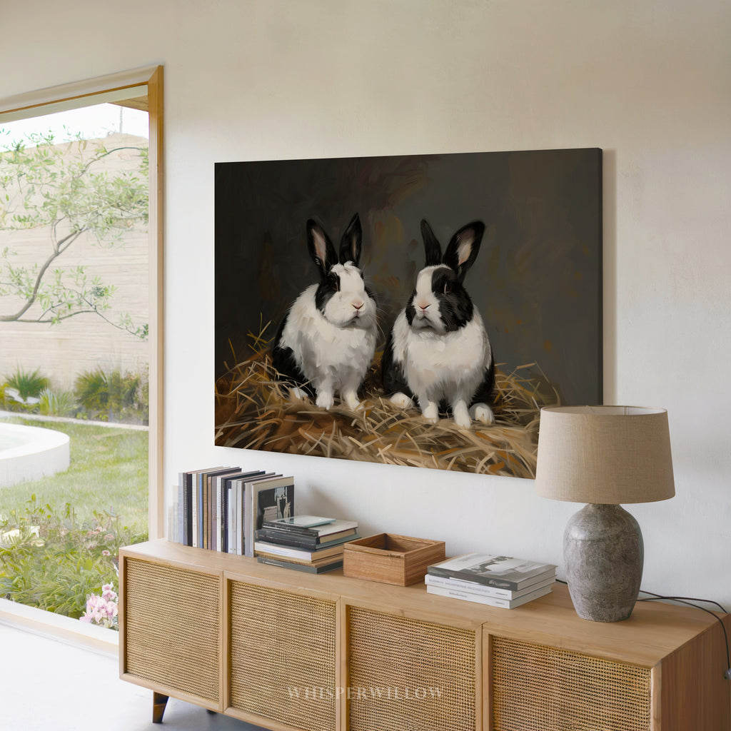 Leinwandbild mit schwarz-weißem Kaninchen – Rustikales Frühlingsmotiv im Landhausstil mit holländischem Hasenmotiv