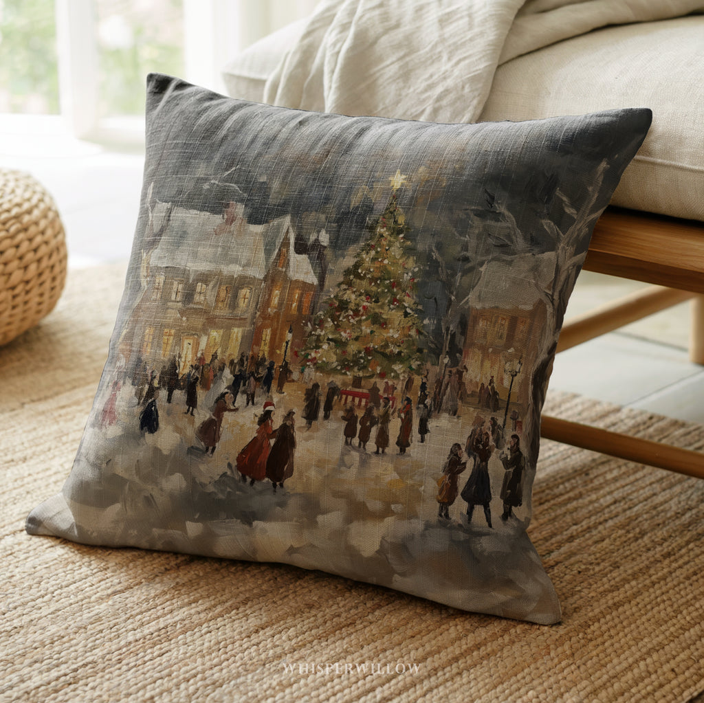 Coussin décoratif vintage village de Noël | Décoration hivernale chaleureuse | Coussin cadeau de saison