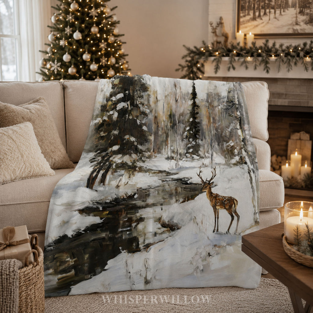 Winter Deer Forest Plush Throw Blanket - Snowy Woodland Stream Gift, Christmas Decor