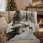 Winter Deer Forest Plush Throw Blanket - Snowy Woodland Stream Gift, Christmas Decor