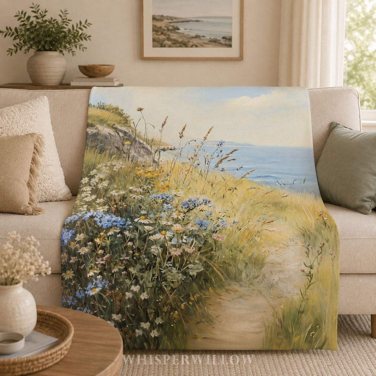 Coastal Wildflower Path Plush Throw Blanket - Ocean Meadow Landscape Gift