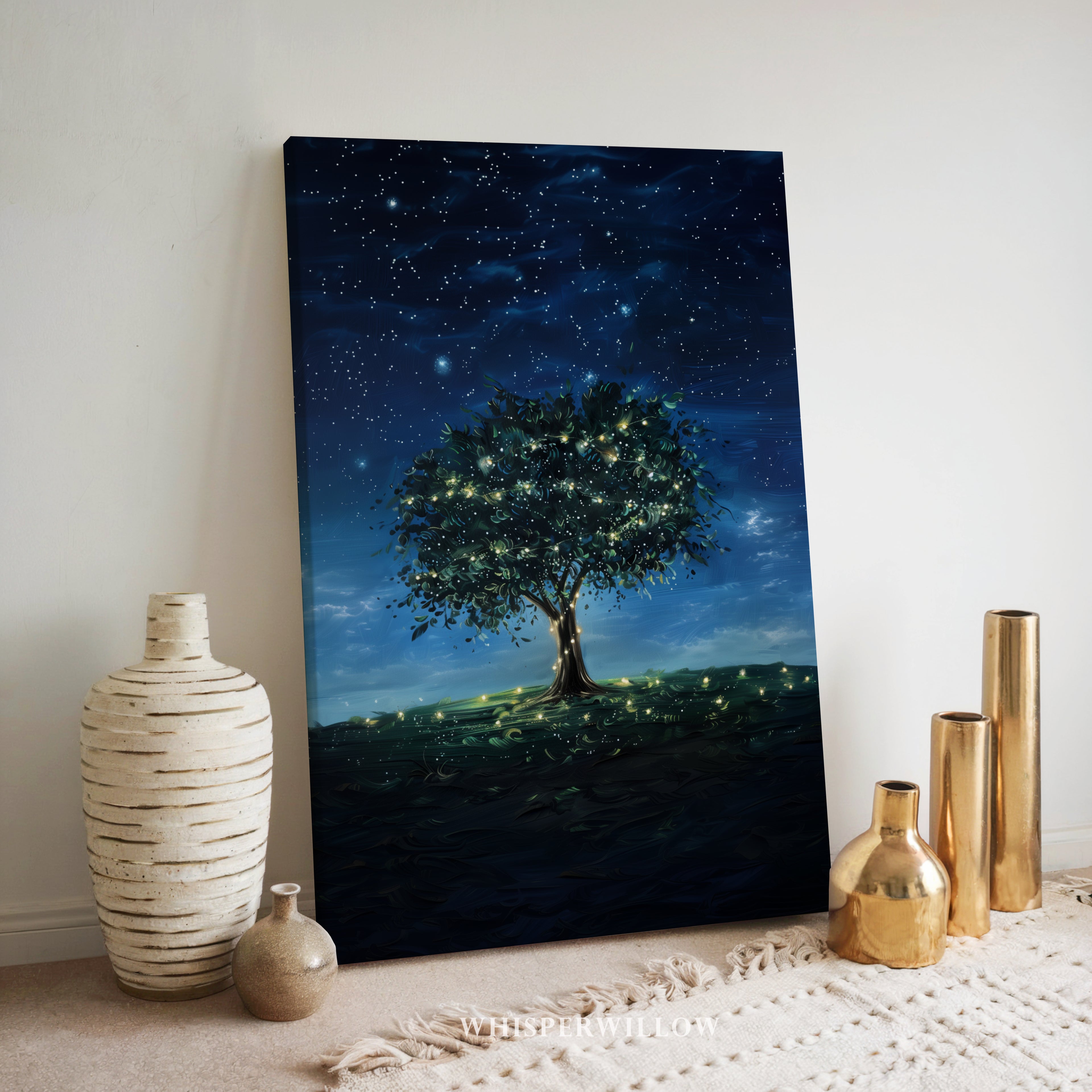 Leuchtender Glühwürmchenbaum als Leinwandbild – Sternenklare Nachtwiese, fantasievoll und verspielt