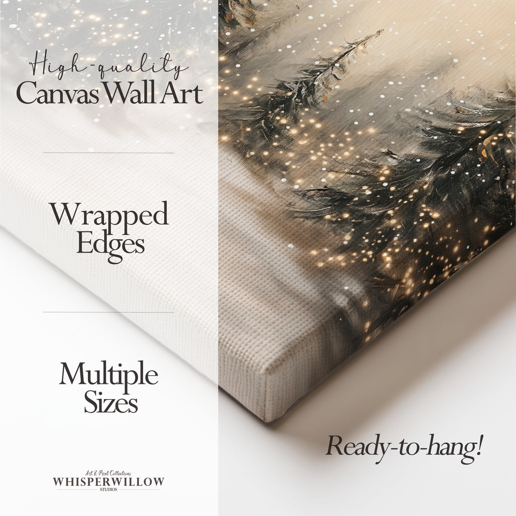 Leinwandbild Winterwald mit Lichterketten | Verschneite Kiefernwaldszene | Rustikale Weihnachtsdeko