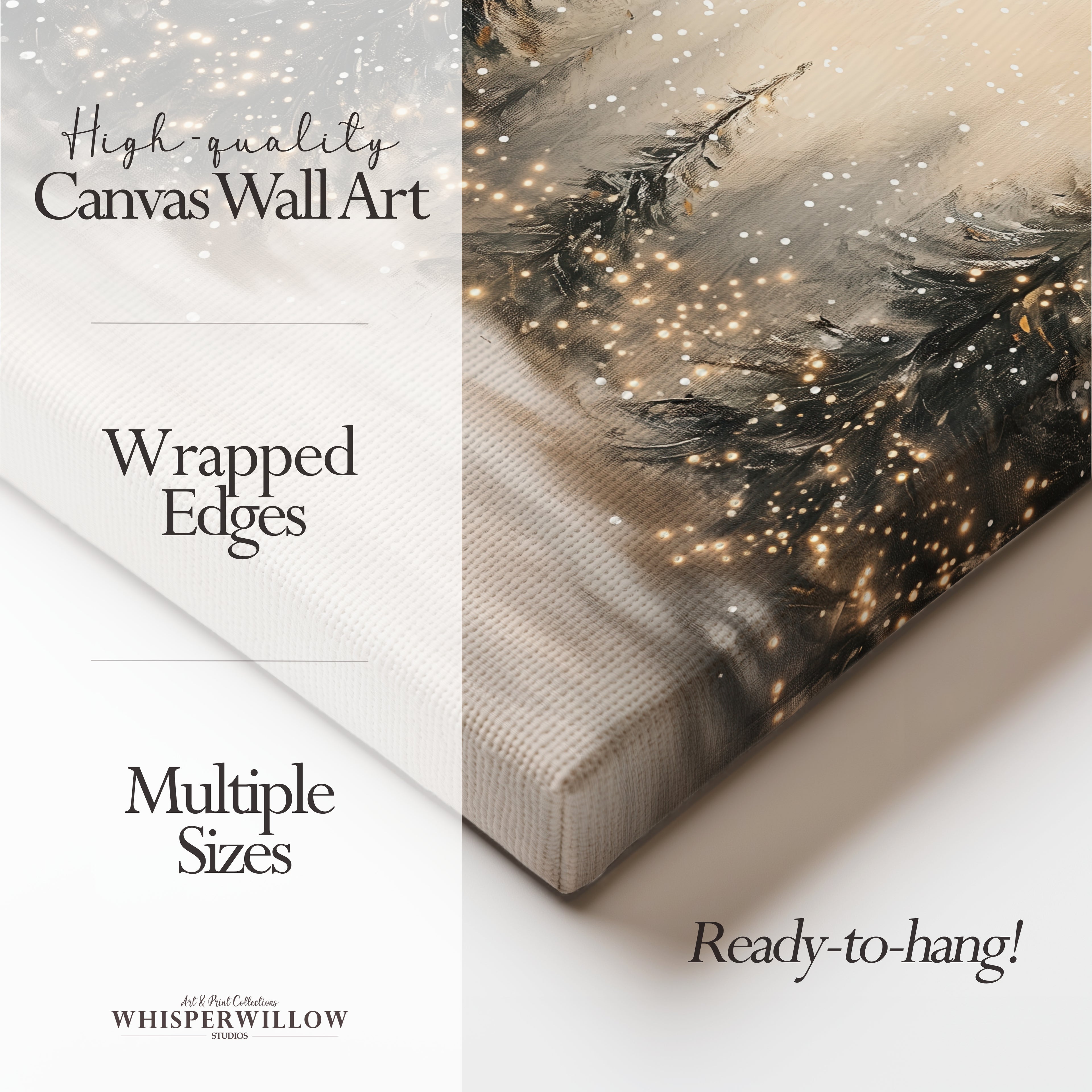 Leinwandbild Winterwald mit Lichterketten | Verschneite Kiefernwaldszene | Rustikale Weihnachtsdeko