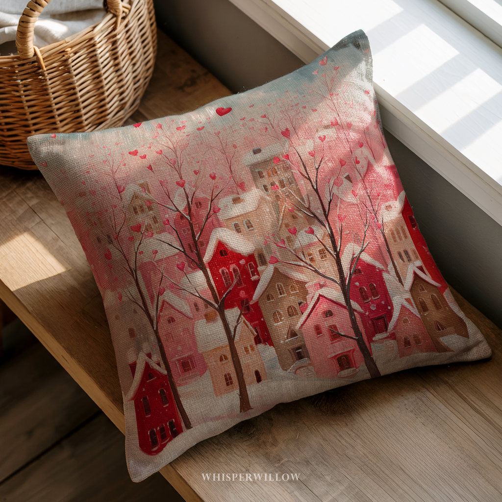 Dekokissen „Herzdorf zum Valentinstag“ | Rosa Winterdeko | Romantisches und verspieltes Geschenk