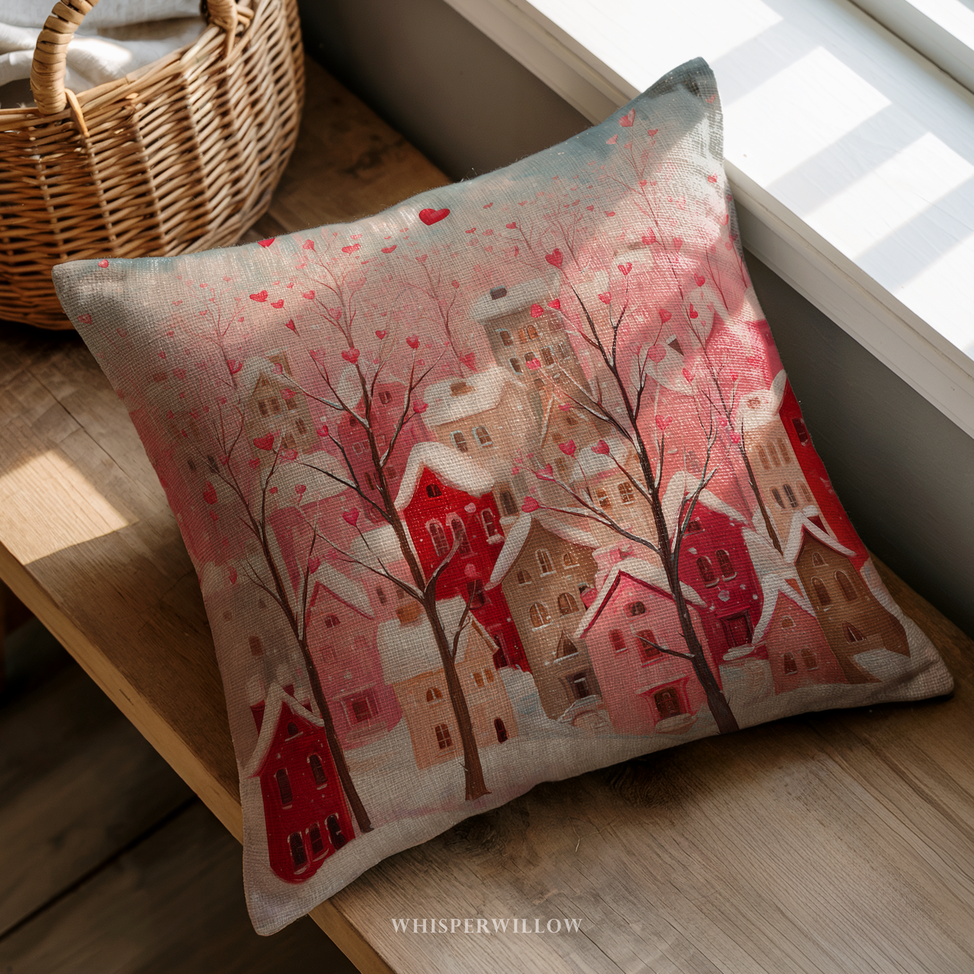 Dekokissen „Herzdorf zum Valentinstag“ | Rosa Winterdeko | Romantisches und verspieltes Geschenk