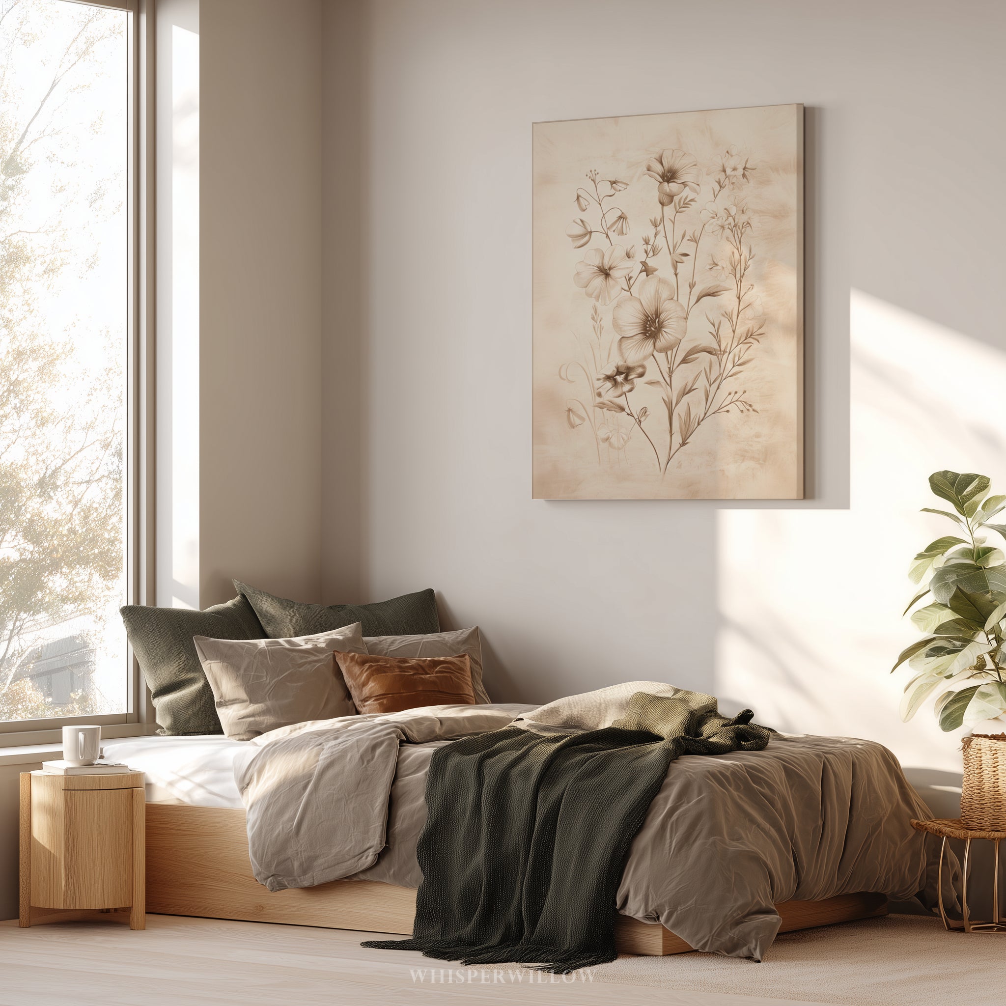 Vintage-Wandbild mit floralem Sepia-Ton – Elegante botanische Strichzeichnung einer Blume