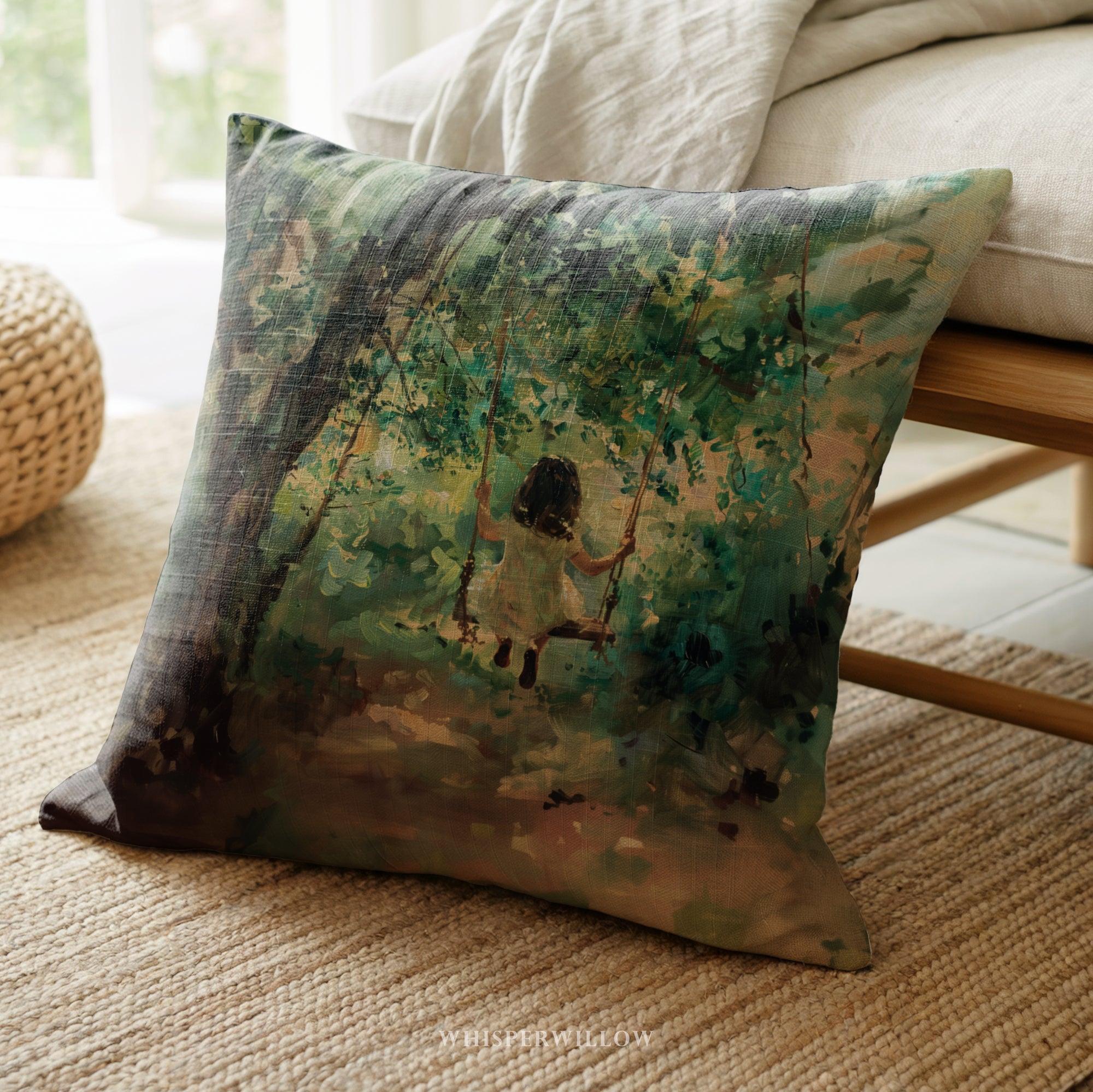 Kissen „Kind auf Baumschaukel“ – Kissen „Verzauberter Vintage-Wald“