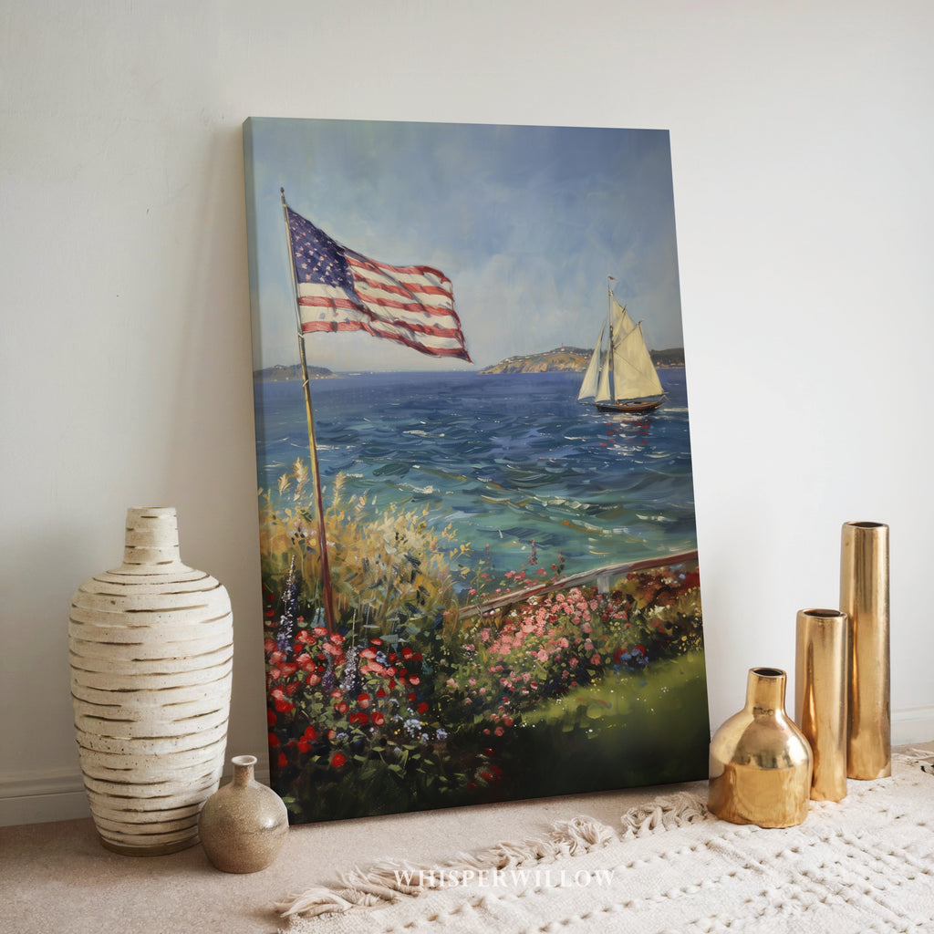 Leinwandbild mit Küstenmotiv | Segelboot mit amerikanischer Flagge | Patriotisches maritimes Deko-Geschenk