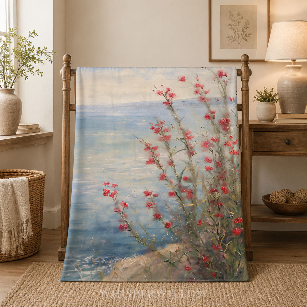 Coastal Wildflower Throw Blanket - Red Floral Seaside Ocean Gift