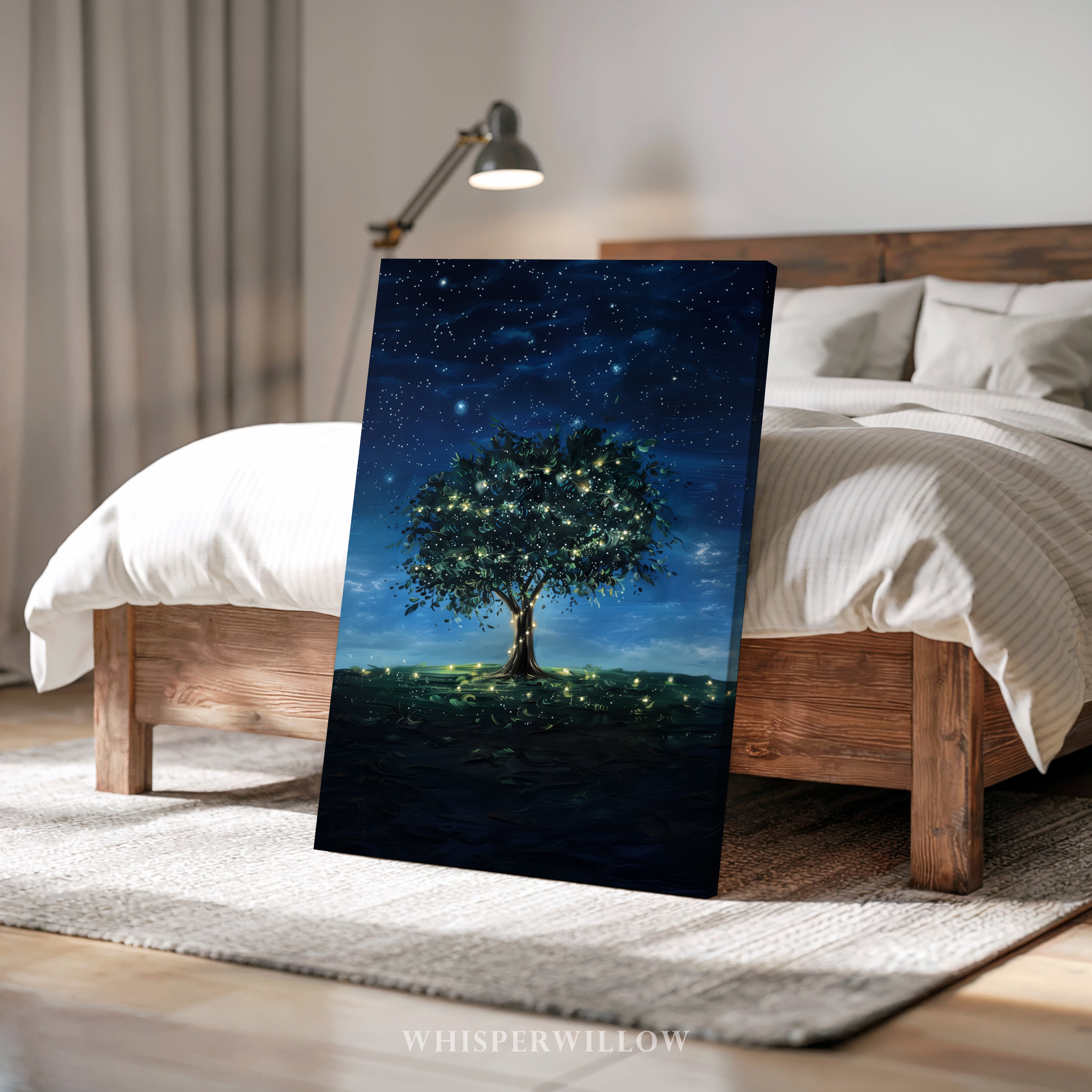 Leuchtender Glühwürmchenbaum als Leinwandbild – Sternenklare Nachtwiese, fantasievoll und verspielt