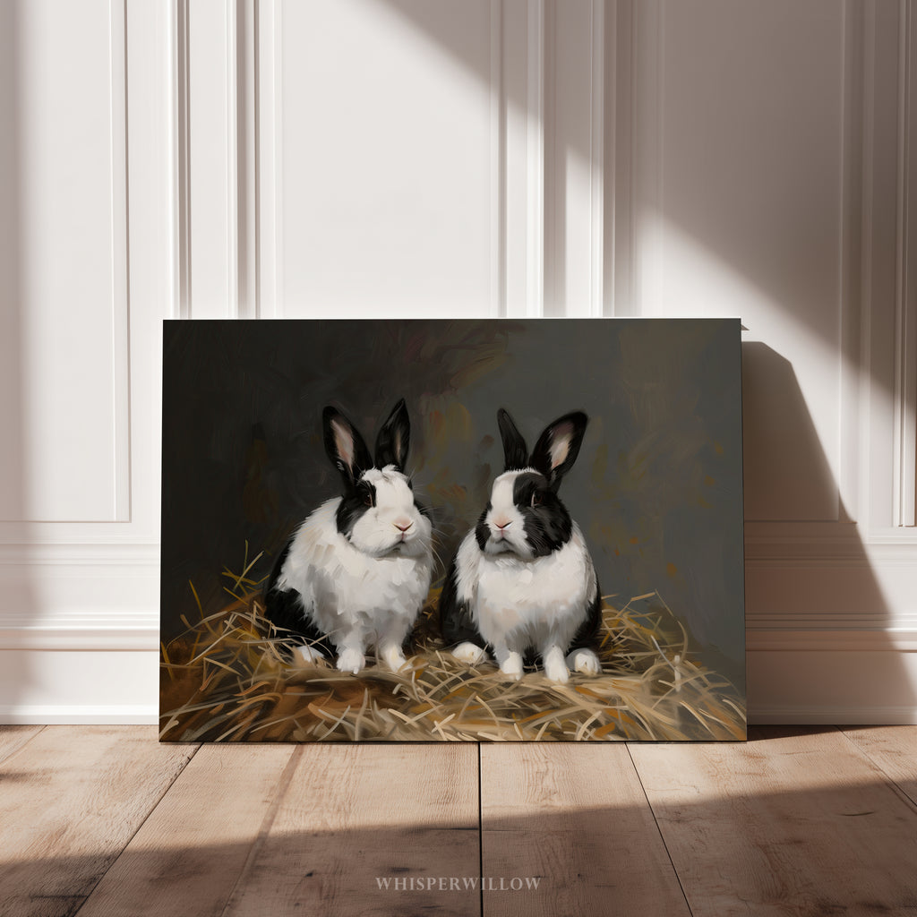 Leinwandbild mit schwarz-weißem Kaninchen – Rustikales Frühlingsmotiv im Landhausstil mit holländischem Hasenmotiv