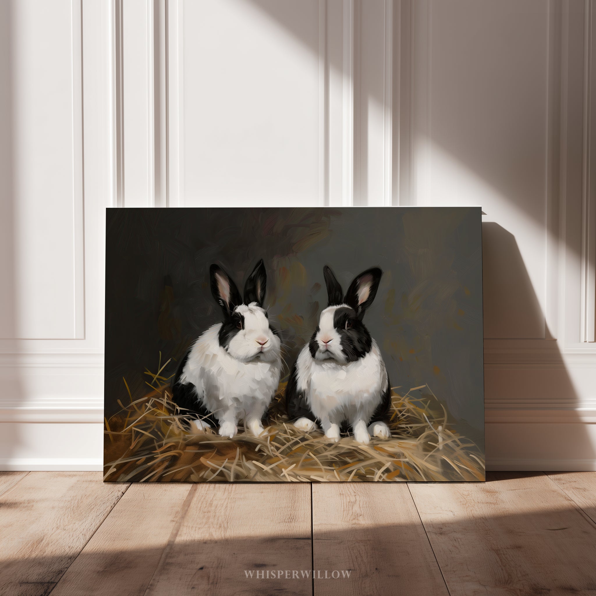 Leinwandbild mit schwarz-weißem Kaninchen – Rustikales Frühlingsmotiv im Landhausstil mit holländischem Hasenmotiv