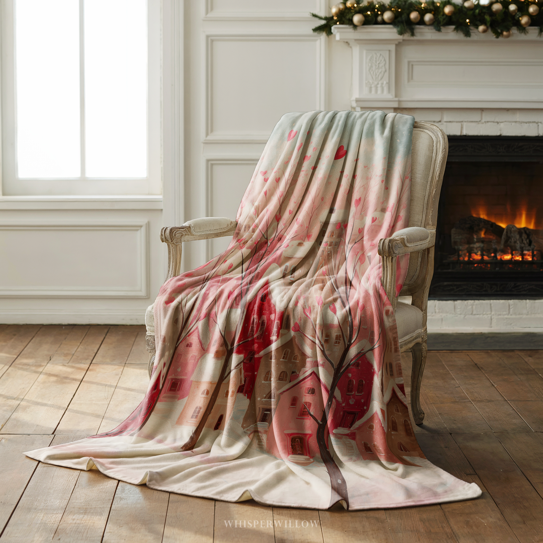 Couverture romantique et douillette « Village de la Saint-Valentin en forme de cœur » | Peluche rose représentant un village d'hiver | Cadeau romantique et réconfortant