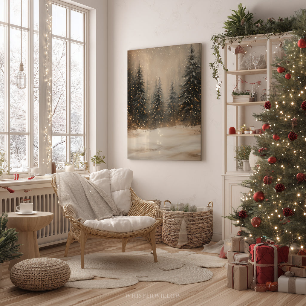 Winterliches Leinwandbild | Verschneiter Kiefernwald mit funkelnden Lichtern | Gemütliche, rustikale Weihnachtsdeko – das perfekte Geschenk für Ihr Zuhause