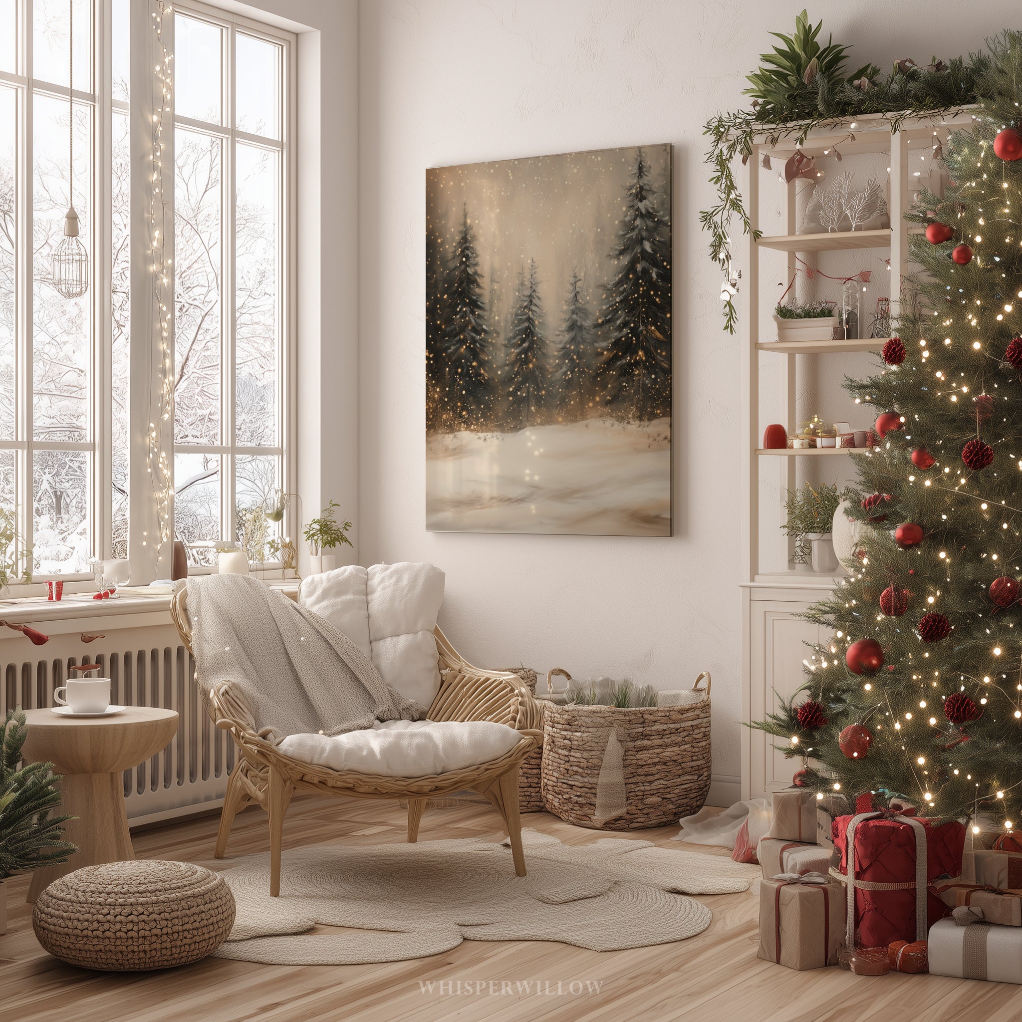 Winterliches Leinwandbild | Verschneiter Kiefernwald mit funkelnden Lichtern | Gemütliche, rustikale Weihnachtsdeko – das perfekte Geschenk für Ihr Zuhause