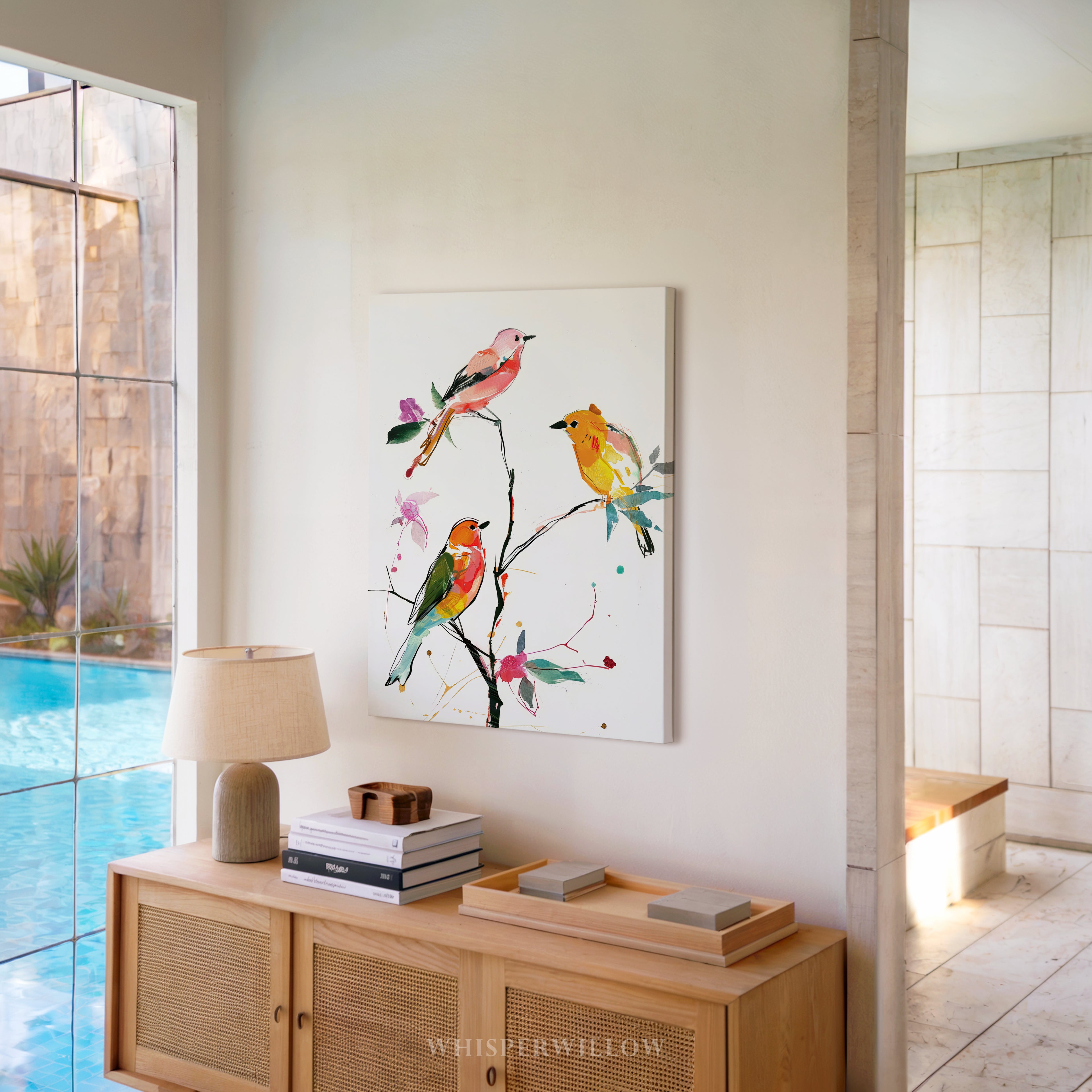 Farbenfrohe Singvogel-Leinwandbilder – Lebendige Aquarellvögel auf einem verspielten Ast