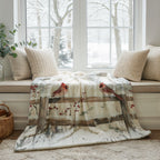 Winter Cardinal Birds Throw Blanket - Snowy Fence Rustic Gift