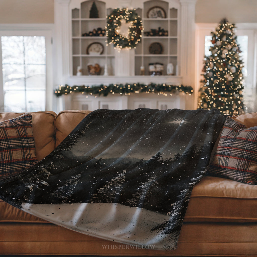 Snowy Winter Forest Throw Blanket - Night Christmas Eve Star Gift
