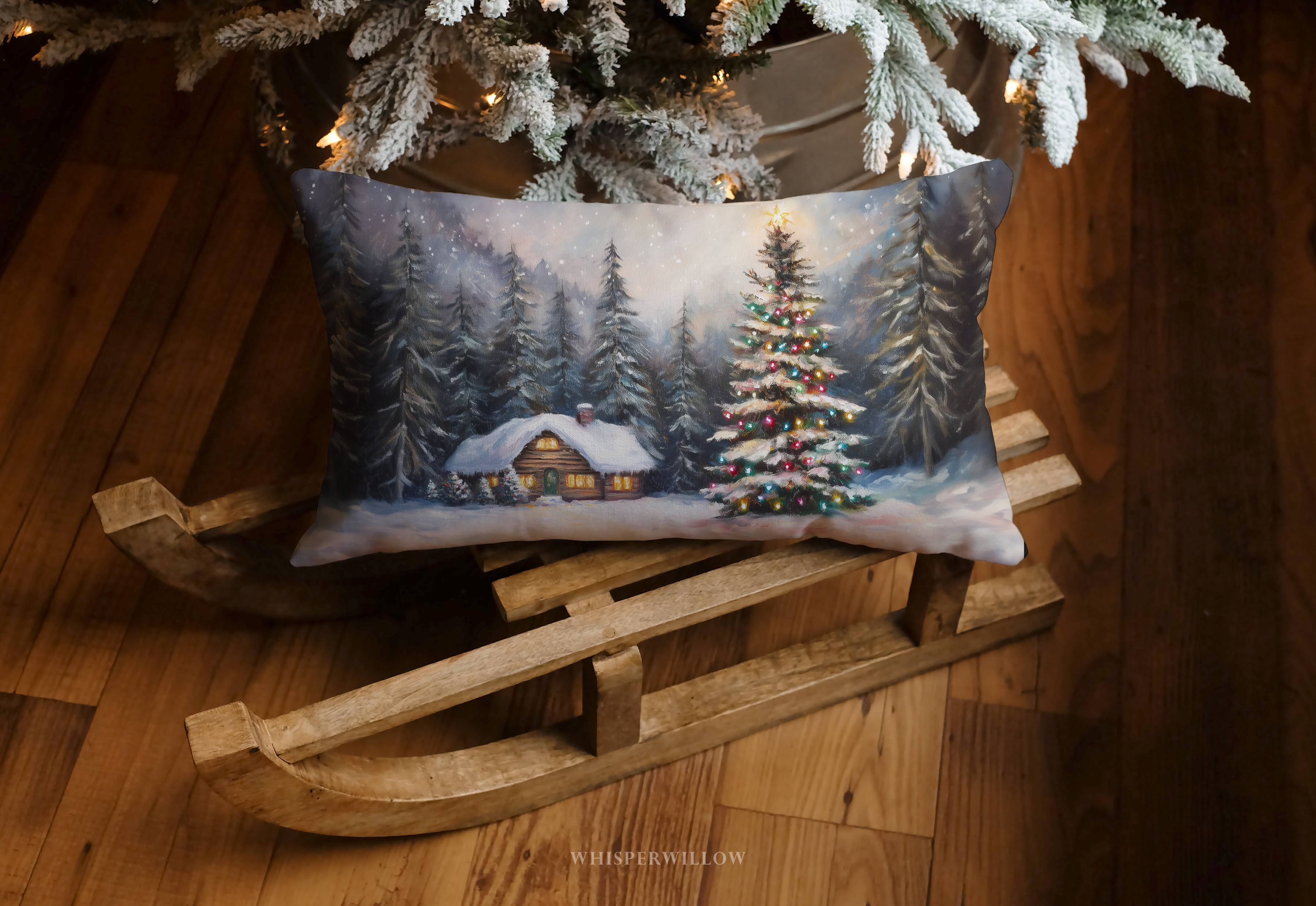 Gemütliches Hütten-Dekokissen – Weihnachtslichter-Winterwunderland-Kissen