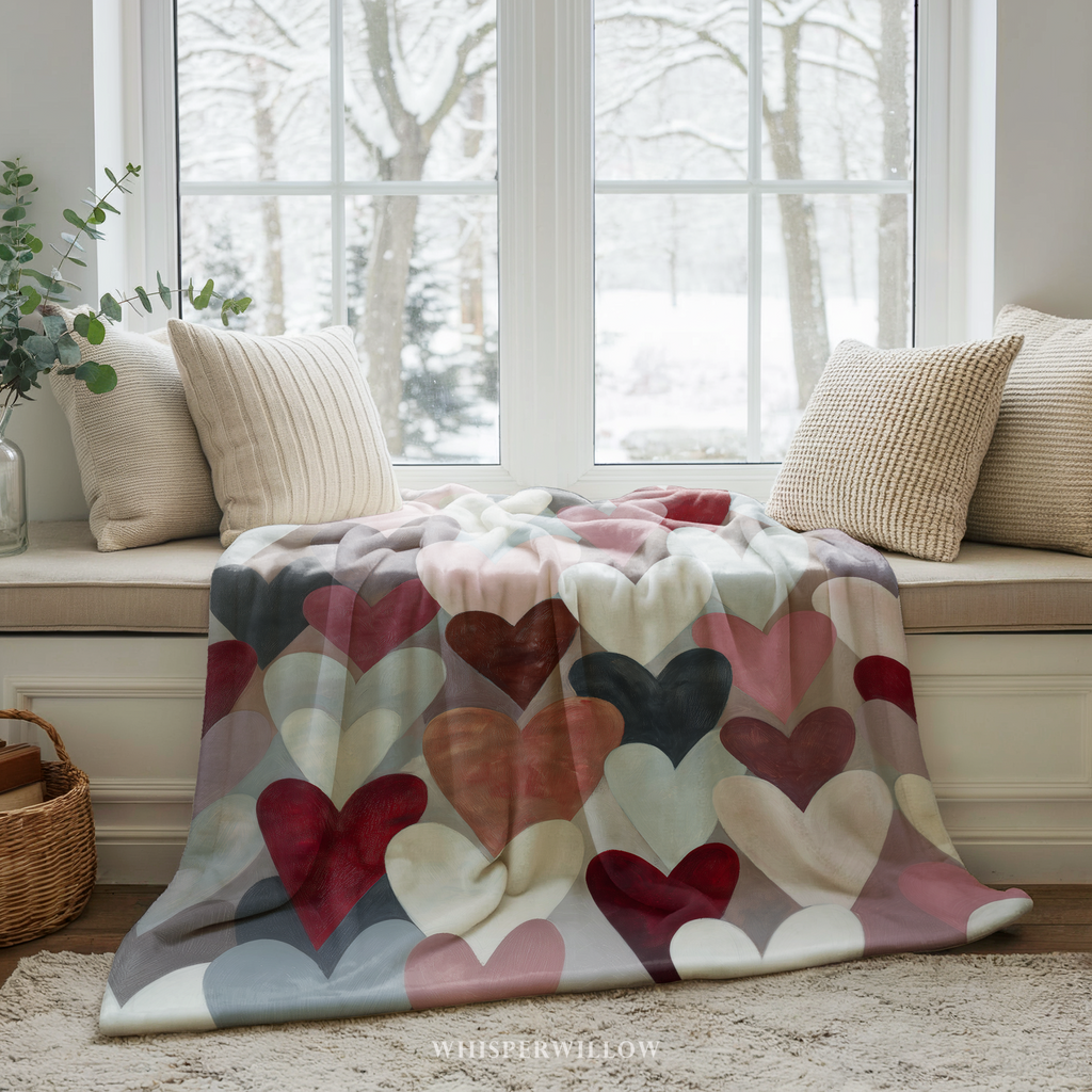 Valentine Hearts Throw Blanket | Muted Pastel Design | Romantic Home Decor Gift by WhisperWillow Studios Home Decor Gift