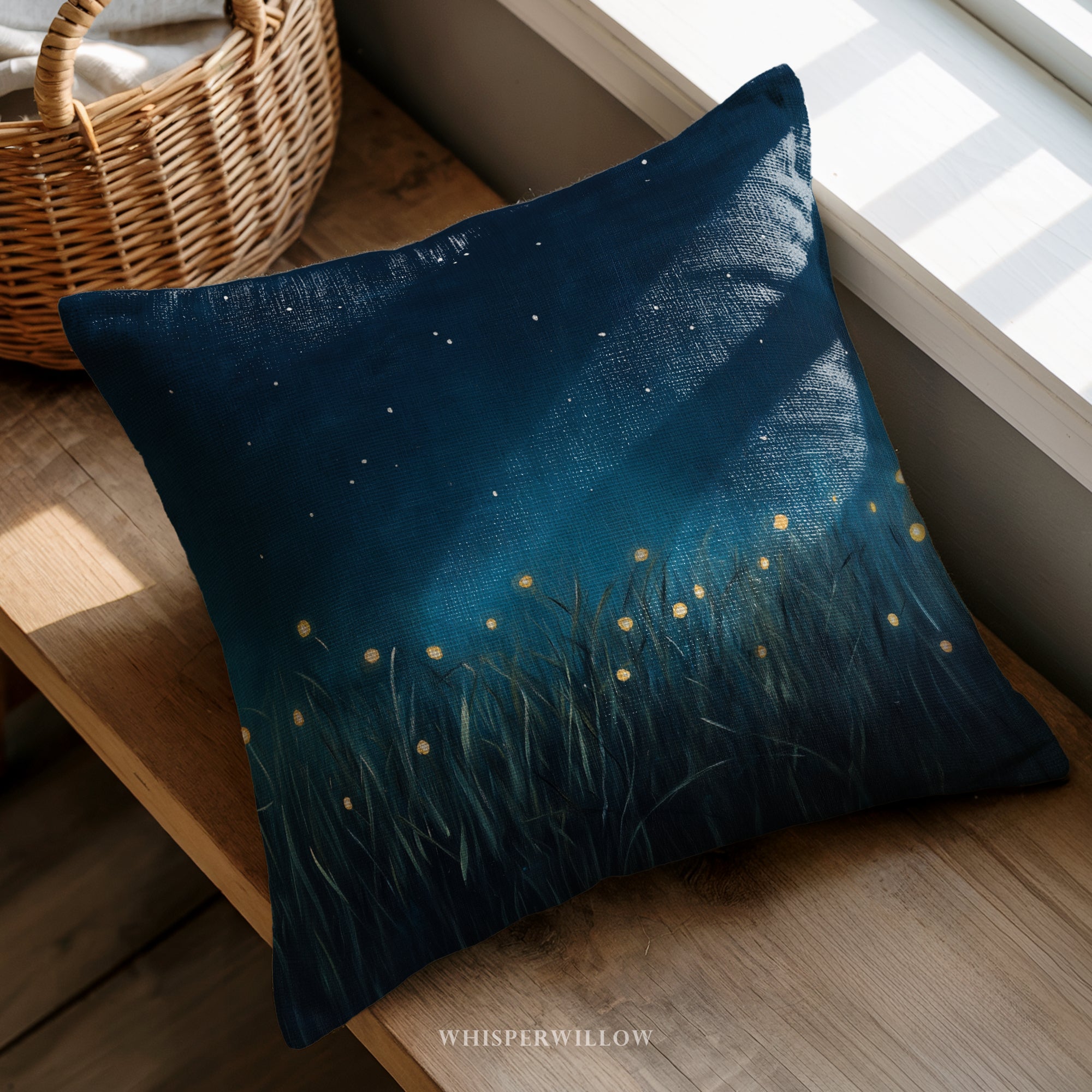 Firefly Meadow Throw Pillow - Starry Night Sky with Lightning Bugs Cushion by WhisperWillow Studios Home Decor Gift